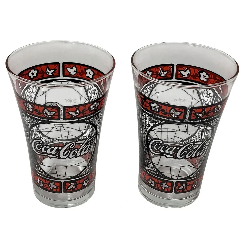 Vintage Coca-Cola Stained Glass Tiffany Style Drinking Glasses Set of 2 Red 5.5